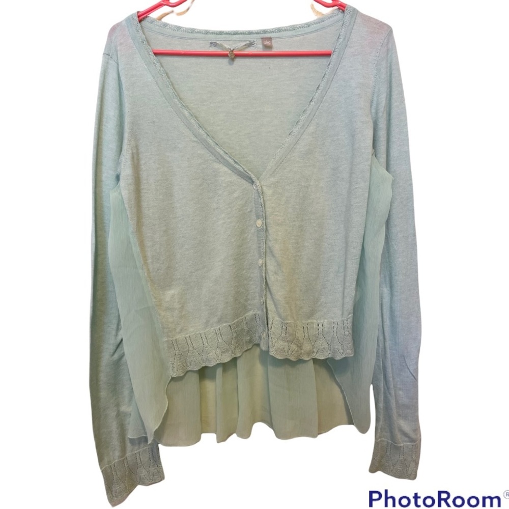 Anthropologie Knitted & Knotted Romantic Sea Foam Ruffle Cardigan Sweater
